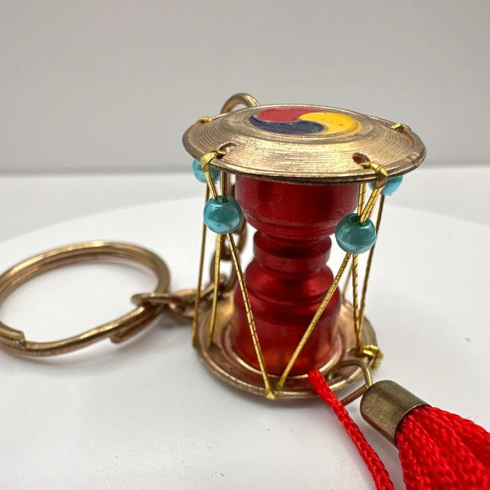 Vintage 90s‎ Korean Janggu Drum Keychain Red Tassel Blue Bead Traditional Style